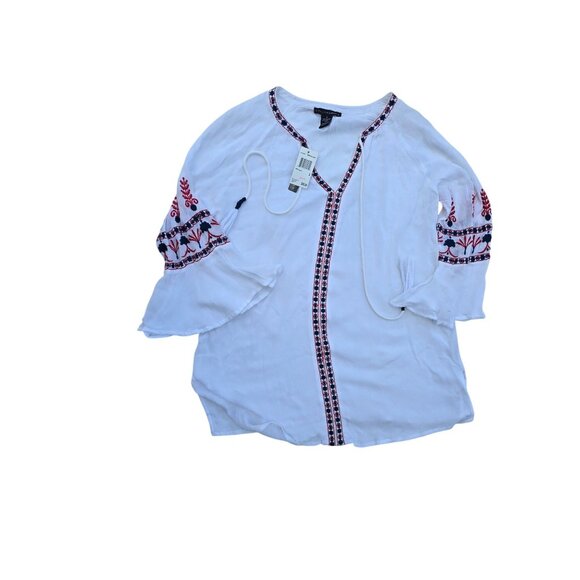 Grace Elements White Peasant Style Blouse With Embroidered Sleeves & Tassel Tie - Picture 1 of 5